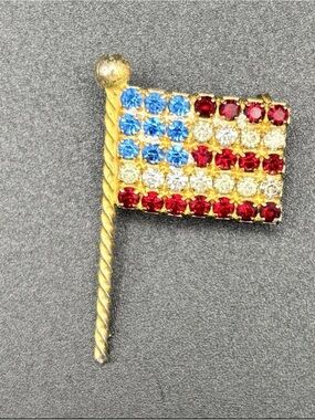 Gold-Tone American Flag Rhinestone Brooch - Red, White & Blue